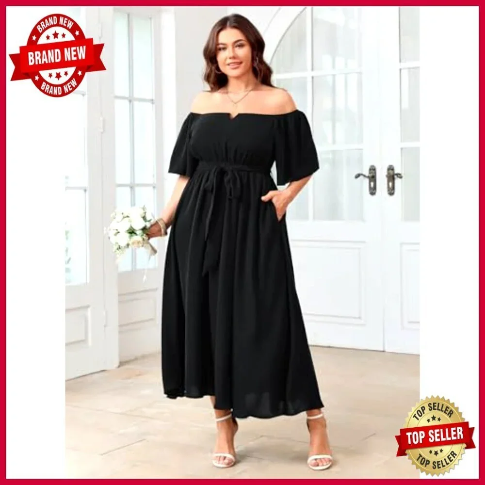Elegant Off Shoulder Formal Dress A-Line Maxi with Pockets Wedding Guest_2
